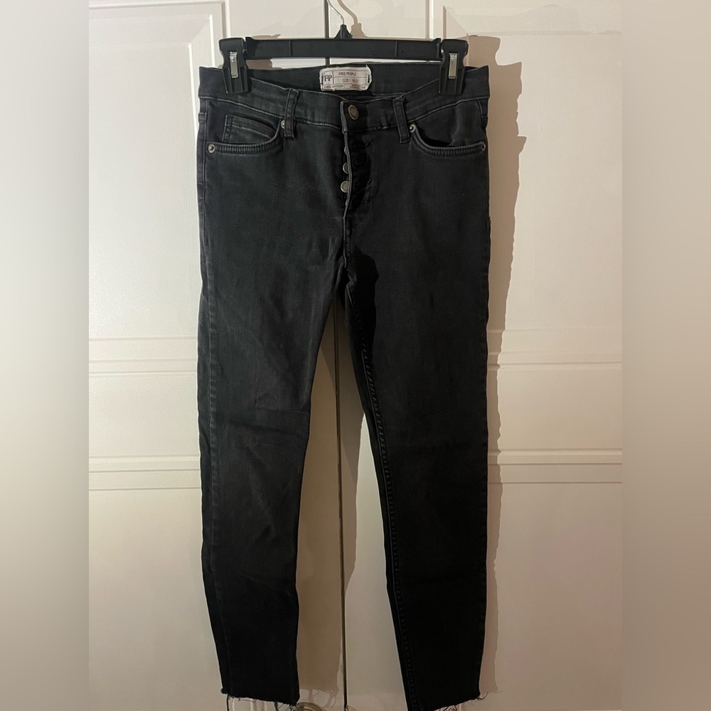 Free People Black Skinny Jeans with fringe bottoms